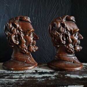 Vintage Robert Emig 1558 Faux Wood Abraham Lincoln Bust Cast Iron Bookends Pair